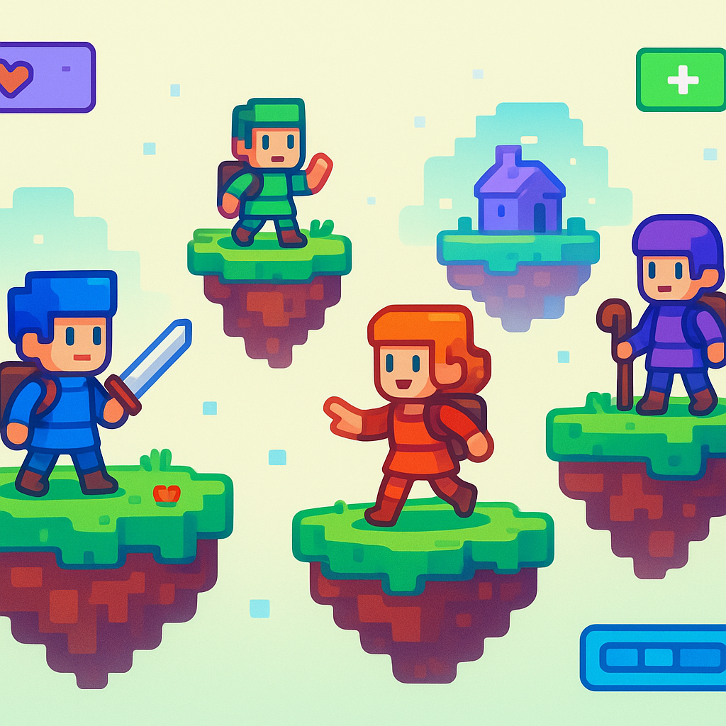 Hero: playful pixel collage showing cooperative characters in colorful pocket world