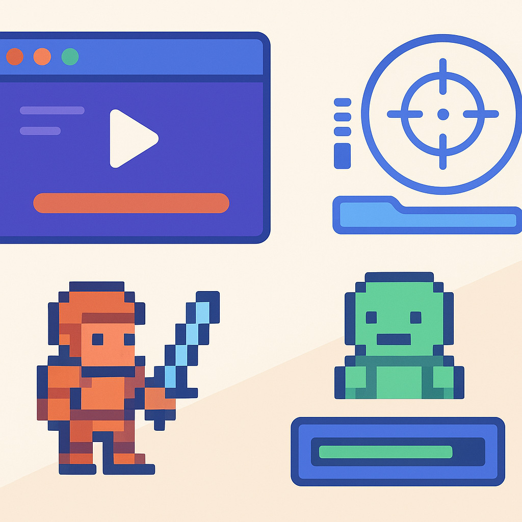 Feature collage: interface mockups, HUD overlay, and pixel character
